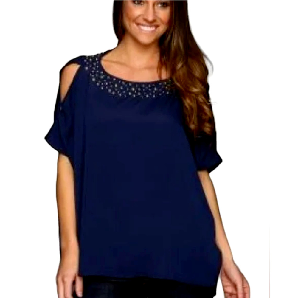 Lilly Pulitzer Navy Studded Cold Shoulder Blouse Size XS